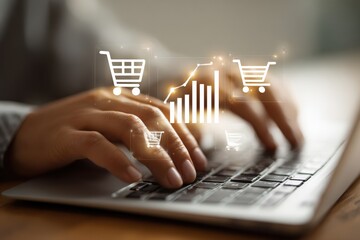 Close-up hands typing on laptop with graphic overlay