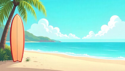 A surfboard is on the beach next to a palm tree