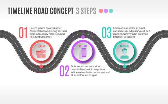 Isometric navigation map infographic 3 steps timeline concept. Winding road.