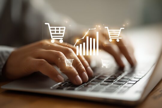 Close-up hands typing on laptop with graphic overlay