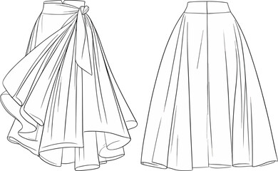 High-low wrap skirt front and back view, tie waist design, flared hem style, fashion CAD drawing flat vector illustration