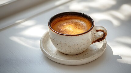 Freshly brewed coffee in a ceramic cup on a saucer with natural light photo