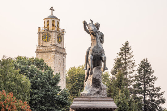 Clock tower and equestrian statue of King Philip of Macedonia.