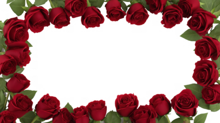 Circular frame of deep red roses in full bloom with green leaves on transparent background