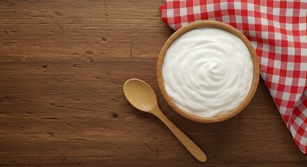 Bowl of Creamy White Yogurt with Wooden Spoon on Brown Table