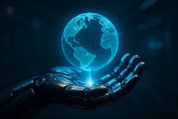 A futuristic cybernetic hand holding glowing hologram globe, sharp metallic details, cinematic sci-fi lighting, ultra realistic clarity, clean render, noise free photorealism