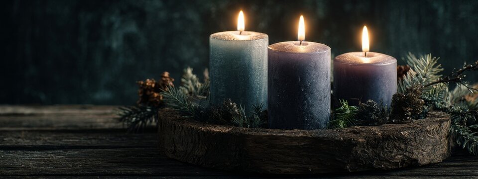 Three candles lit in advent wreath for third week of advent with pillar candles on dark wood