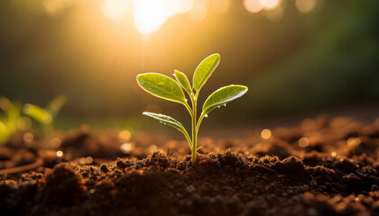 new plant emerges from rich soil under gentle sunlight with dew drops on leaves