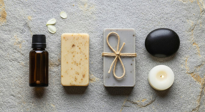 Spa Essentials Still Life with Handmade Soaps, Essential Oil, Black Stone and Candle Relaxation