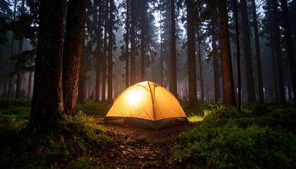 Illuminated tent with misty forest camping.