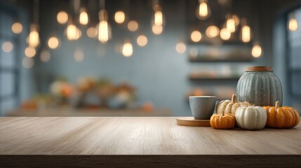 Cozy Autumn Decor With Pumpkins and Warm Lighting in a Rustic Setting