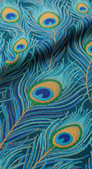 Obraz premium Peacock Feather Pattern Fabric in Teal, Gold, and Blue Abstract Design