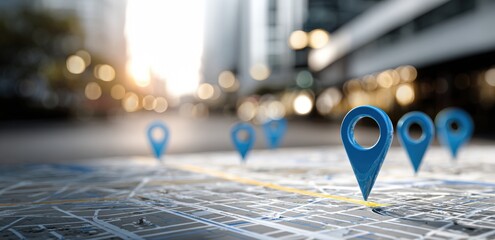 City map with multiple location markers.  Blurred city background