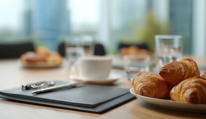 Meeting room table with croissants and coffee (1)