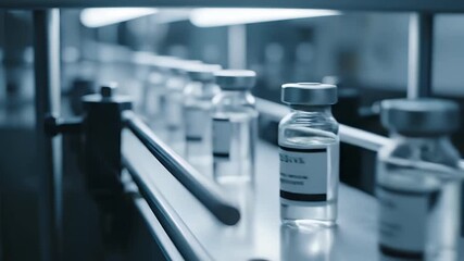 Pharmaceutical Production Vaccine Vials on Conveyor Belt