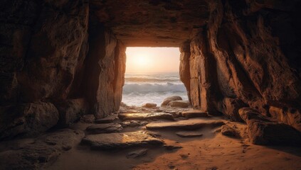 Sunrise through a cave opening onto a rocky beach
