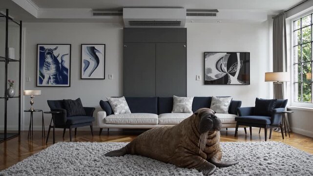 Stylish living room featuring unique modern decor and an oversized plush animal