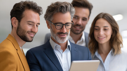 Business team analyzing data on tablet office environment collaborative analysis