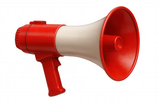 Red and white megaphone isolated on transparent background, amplifying sound for communication and announcements
