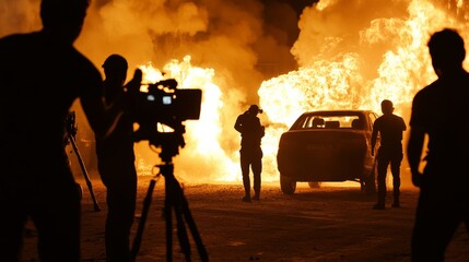 Fototapeta premium Explosive action scene featuring filmmakers and fireball effects urban setting cinematic content nighttime viewpoint thrilling concept