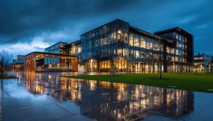 Fototapeta premium Modern office building at night, reflecting in wet pavement