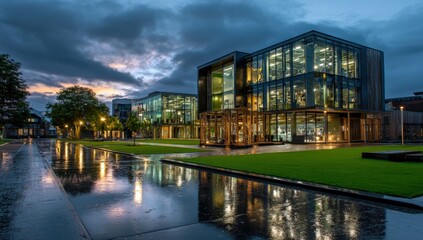 Fototapeta premium Modern office buildings at twilight reflected in a water feature