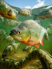 Piranhas swimming near an anaconda snake in the amazon river
