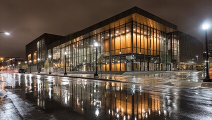 Modern venue at night, reflected in rain
