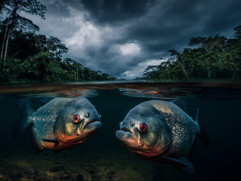Two piranhas swimming in the amazon river under a cloudy sky