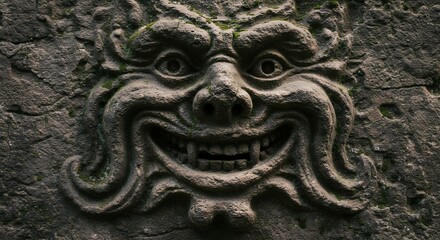 Dark stone carving grotesque face