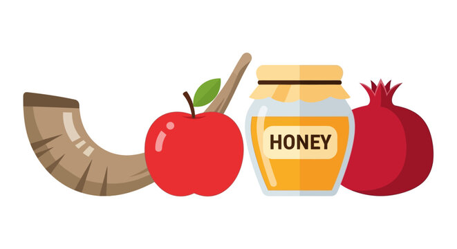 Rosh Hashanah symbols: shofar, apple, honey, pomegranate.