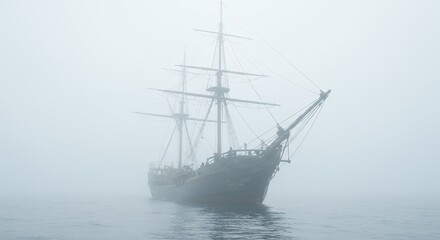 Mysterious foggy vintage ship at sea