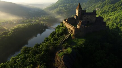 Majestic castle on a hilltop lush valley aerial view serene morning light enchanting landscape photography