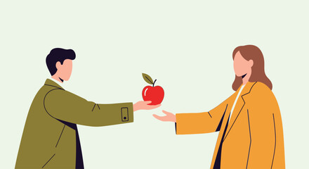A man in a green coat offers a bright red apple to a woman in a yellow coat, both with outstretched hands.