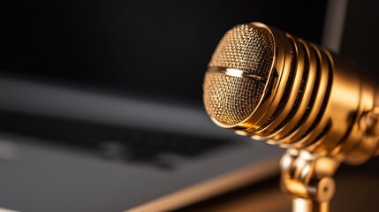 Obraz premium podcast-style modern home studio setup with microphone and laptop