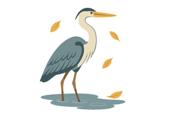 Obraz premium A serene heron stands in tranquil water, enveloped by vibrant autumn leaves at dawn