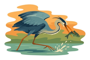 At sunset, a heron seizes a glittering fish in a tranquil pond surrounded by the gentle radiance of autumn foliage, exemplifying the refinement of the natural world