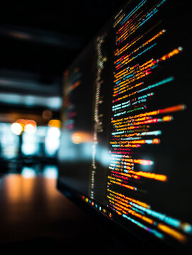 Programming code displayed on computer monitor in dark office