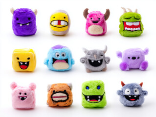 Obraz premium Colorful plush monsters smiling on white background