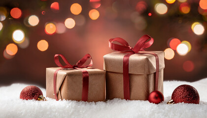 two wrapped presents on white snow amidst red baubles and softly blurred background with twinkling lights