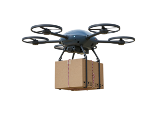 Modern delivery drone with four propellers carrying a cardboard package in the air isolated on transparent background
