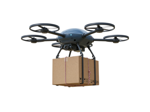 Modern delivery drone with four propellers carrying a cardboard package in the air isolated on transparent background