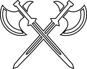 Crossed medieval sword and axe icon in outline style  ideal for fantasy combat or historic visuals.