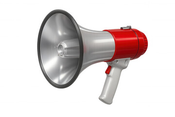 Red and silver megaphone isolated on transparent background, ideal for conveying concepts of communication and announcements