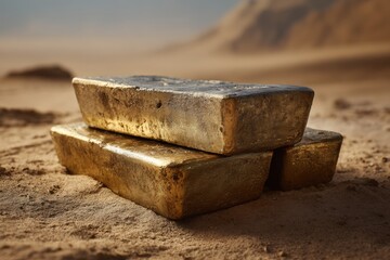 Gold bars stacked in desert sand
