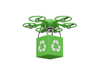 Green eco friendly drone delivering a recycling bin with recycle symbols isolated on transparent background
