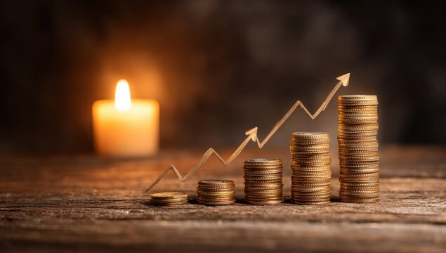 Golden coins stacked in increasing columns with a rising line graph