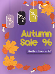 Autumn Sale banner advertising flyer design. Bright autumn poster with colofur fall elements. Template for advertising, web, social media, banner, flyer.