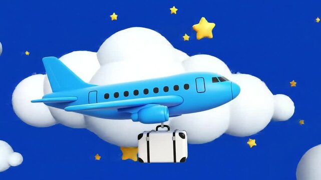 Cute Cartoon Airplane with Suitcase Flying in Blue Sky Clouds and Stars