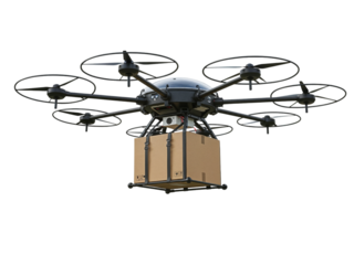 Octocopter drone with eight rotors carrying a wooden cargo box for aerial delivery and logistics isolated on transparent background